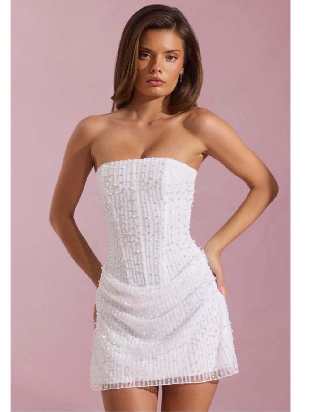 Oh Polly White Strapless Beaded Mini Dress